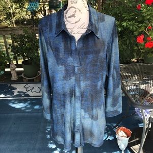 Boho Chic Shimmery Tonal Multi Blue Print 3/4 Sleeved Button Front Shirt XXL